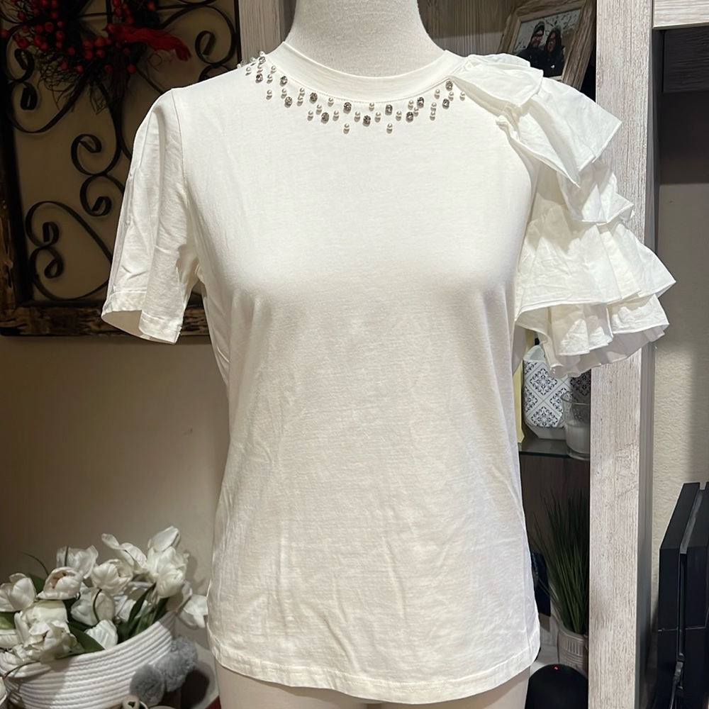 Everlane ruffled sleeve with pearl and gem neckline.